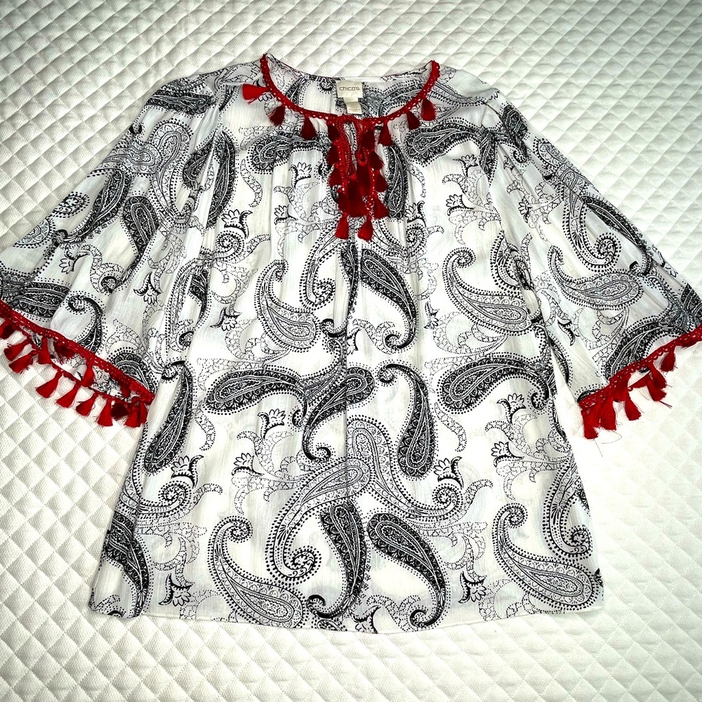 Beautiful Chico’s Top with Bell sleeves and Fringe Trim